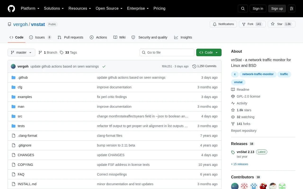 vnStat homepage screenshot