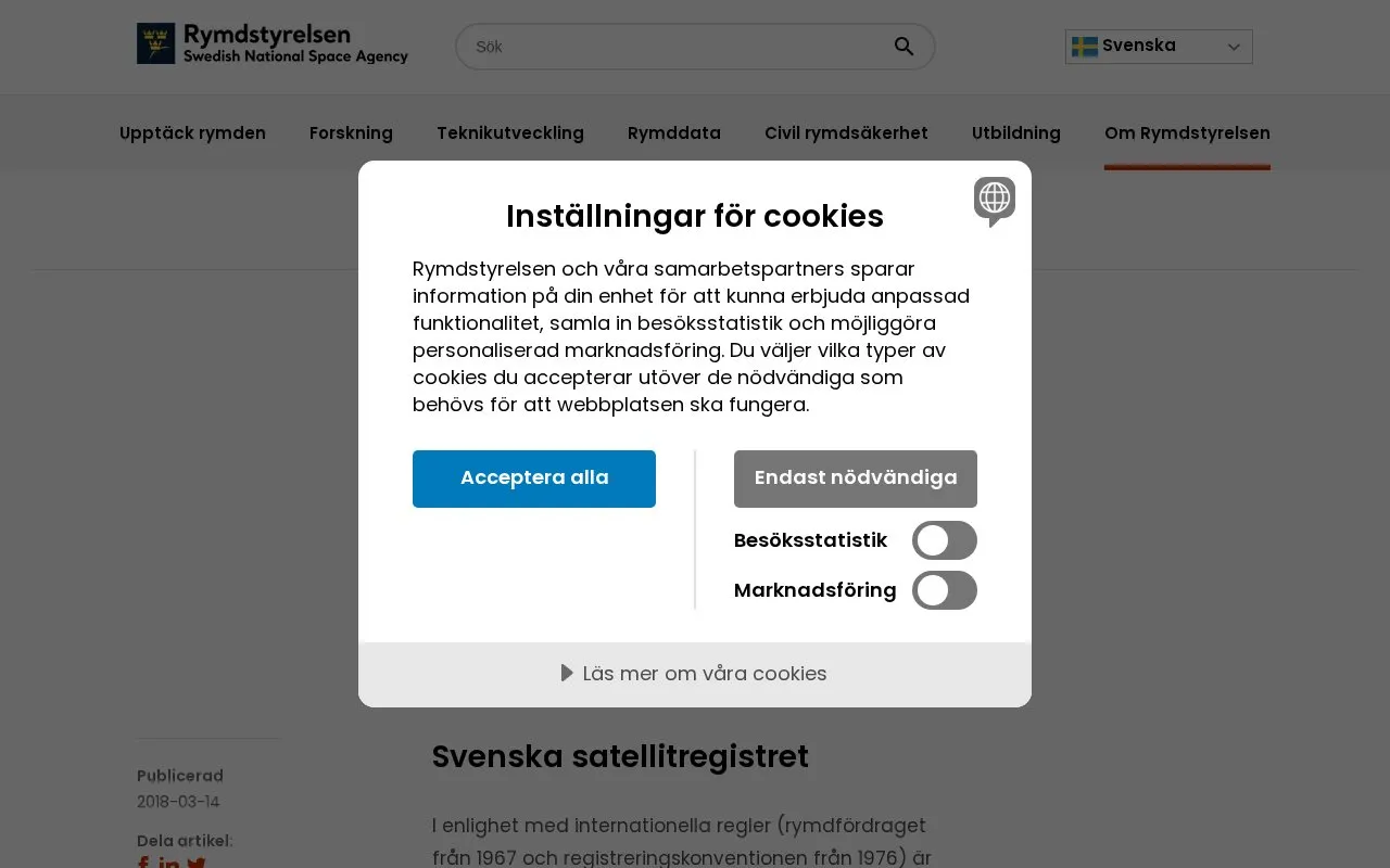 open data of the Swedish National Space Agency homepage screenshot
