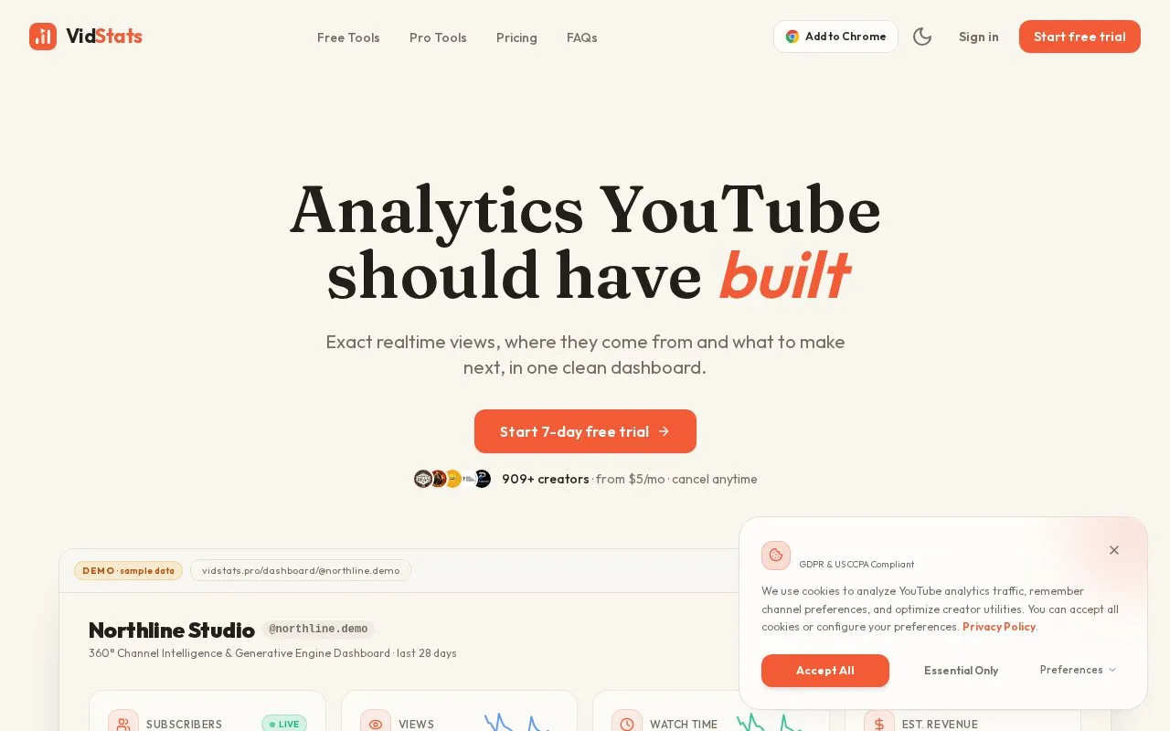 VidStats homepage screenshot