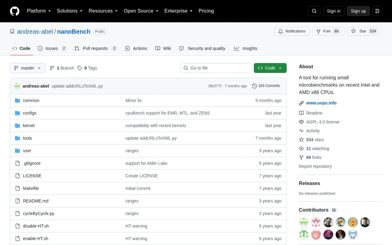 Nanobench homepage screenshot