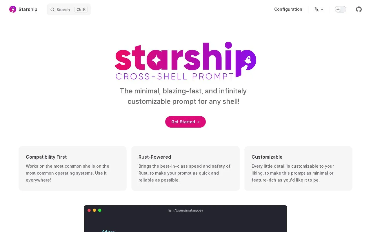 Starship homepage screenshot
