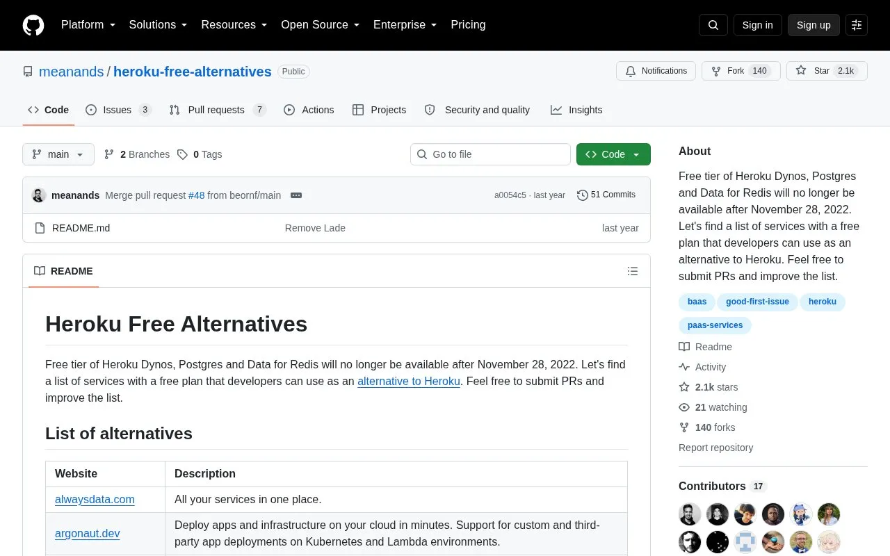 heroku-free-alternatives homepage screenshot