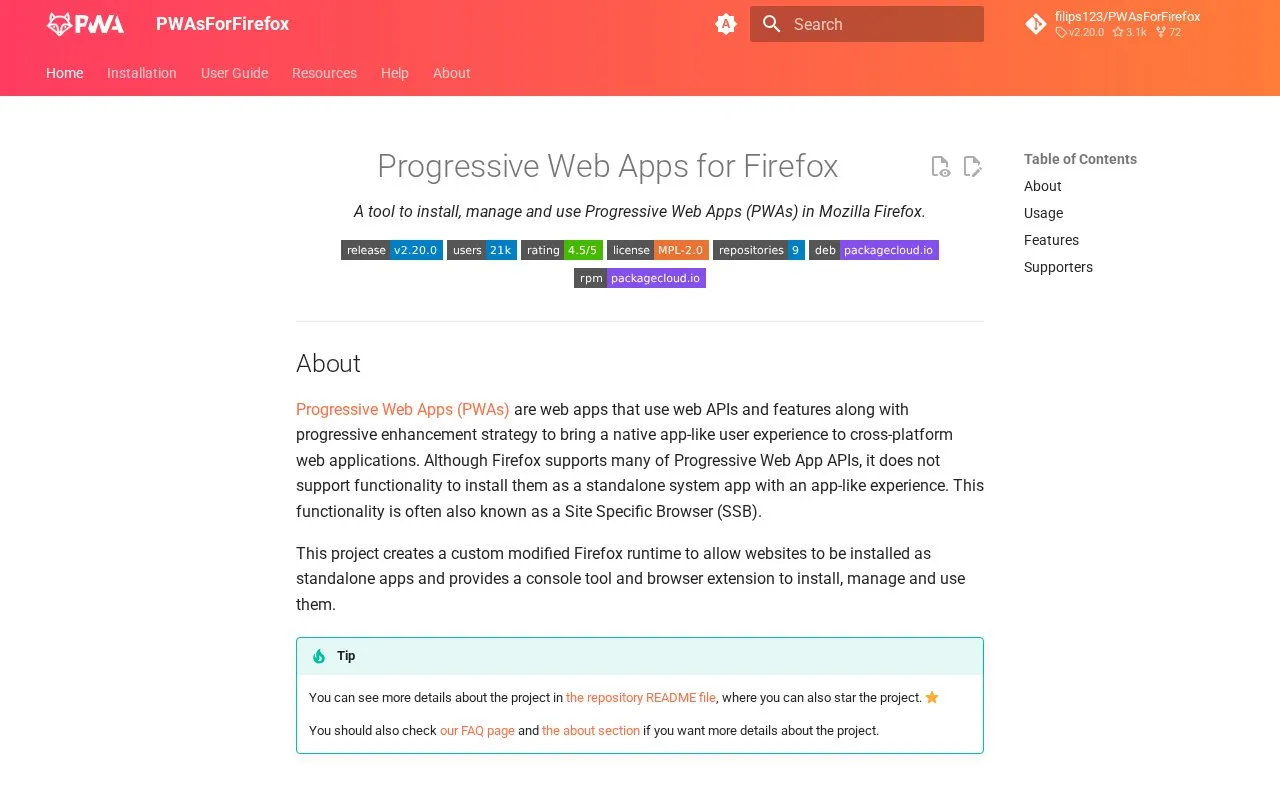 PWAsForFirefox homepage screenshot