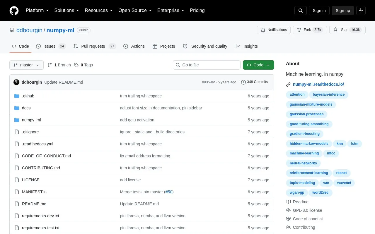 numpy-ML homepage screenshot