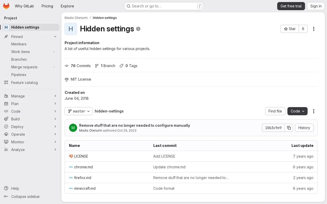 Hidden Settings homepage screenshot
