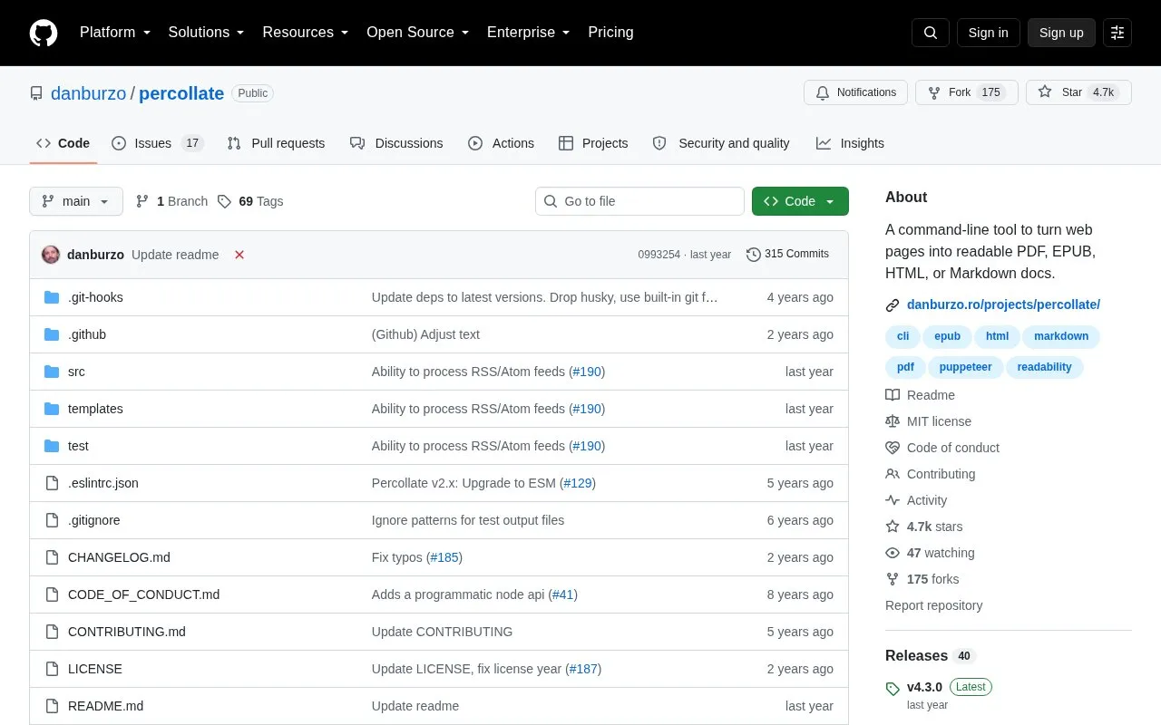 Percollate homepage screenshot
