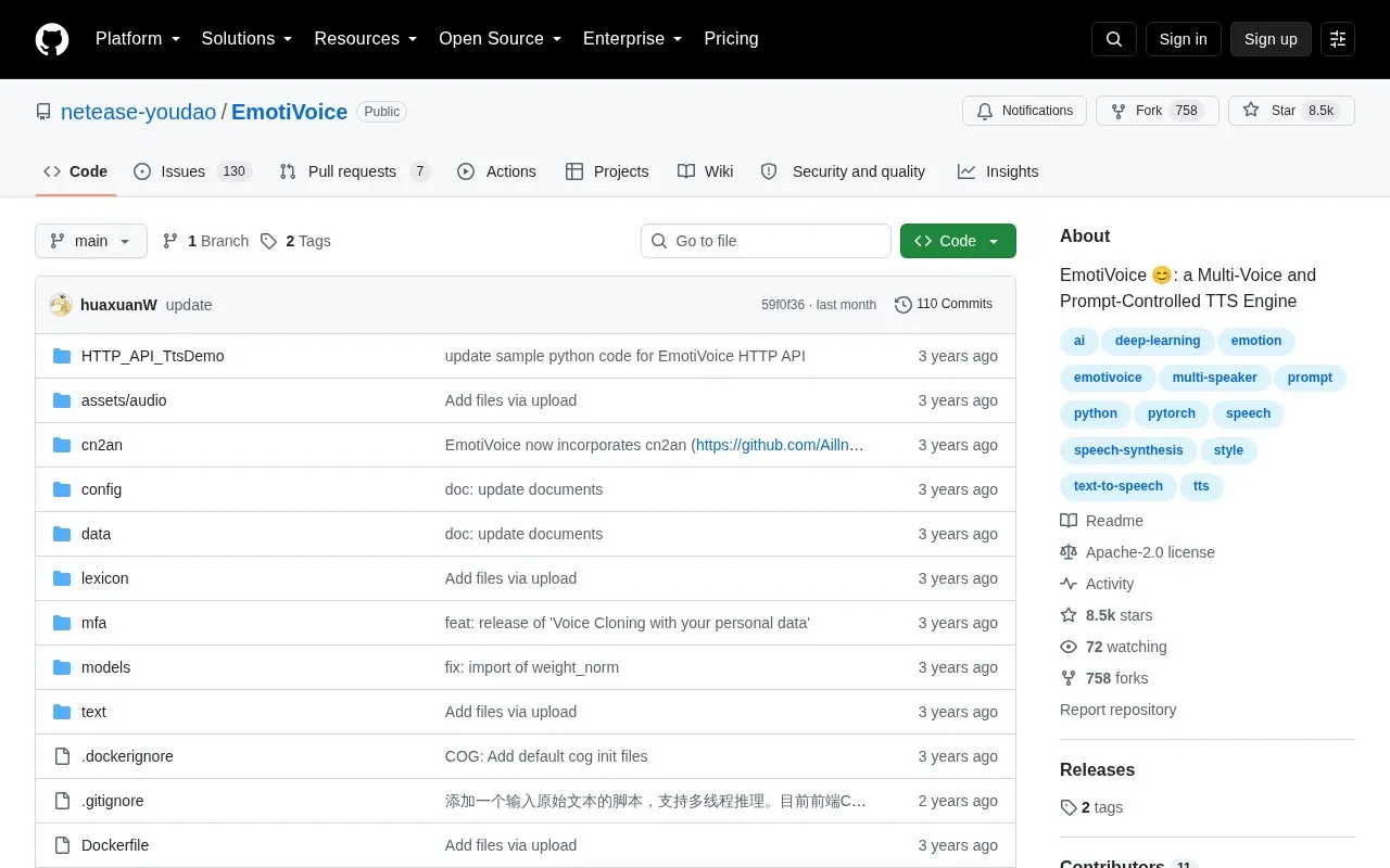 EmotiVoice homepage screenshot