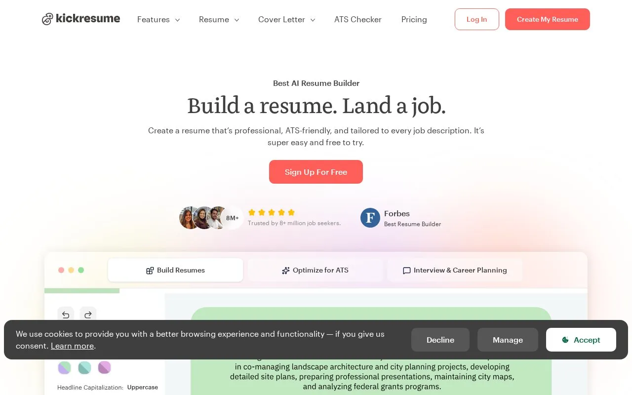 Kickresume homepage screenshot