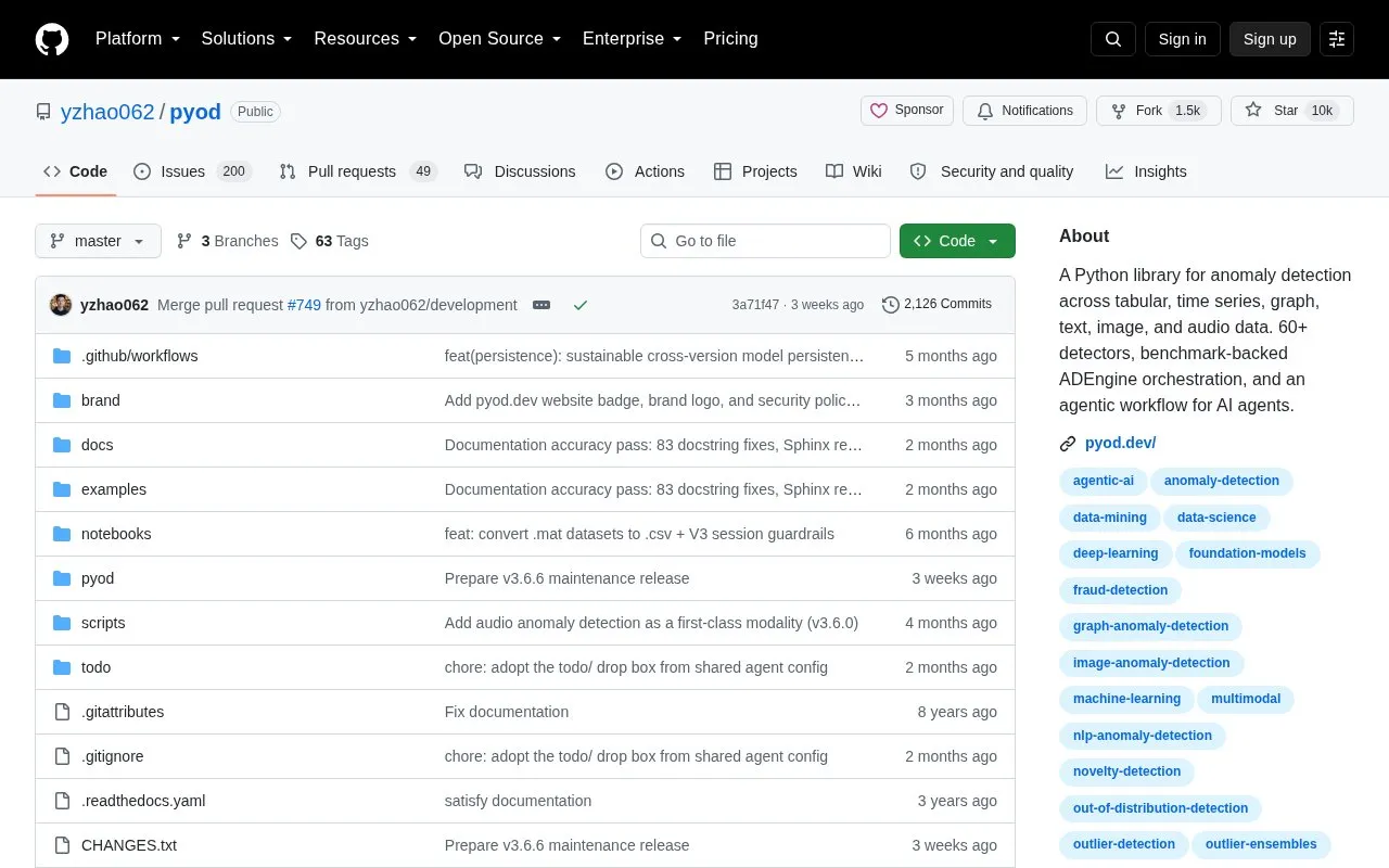 PyOD homepage screenshot