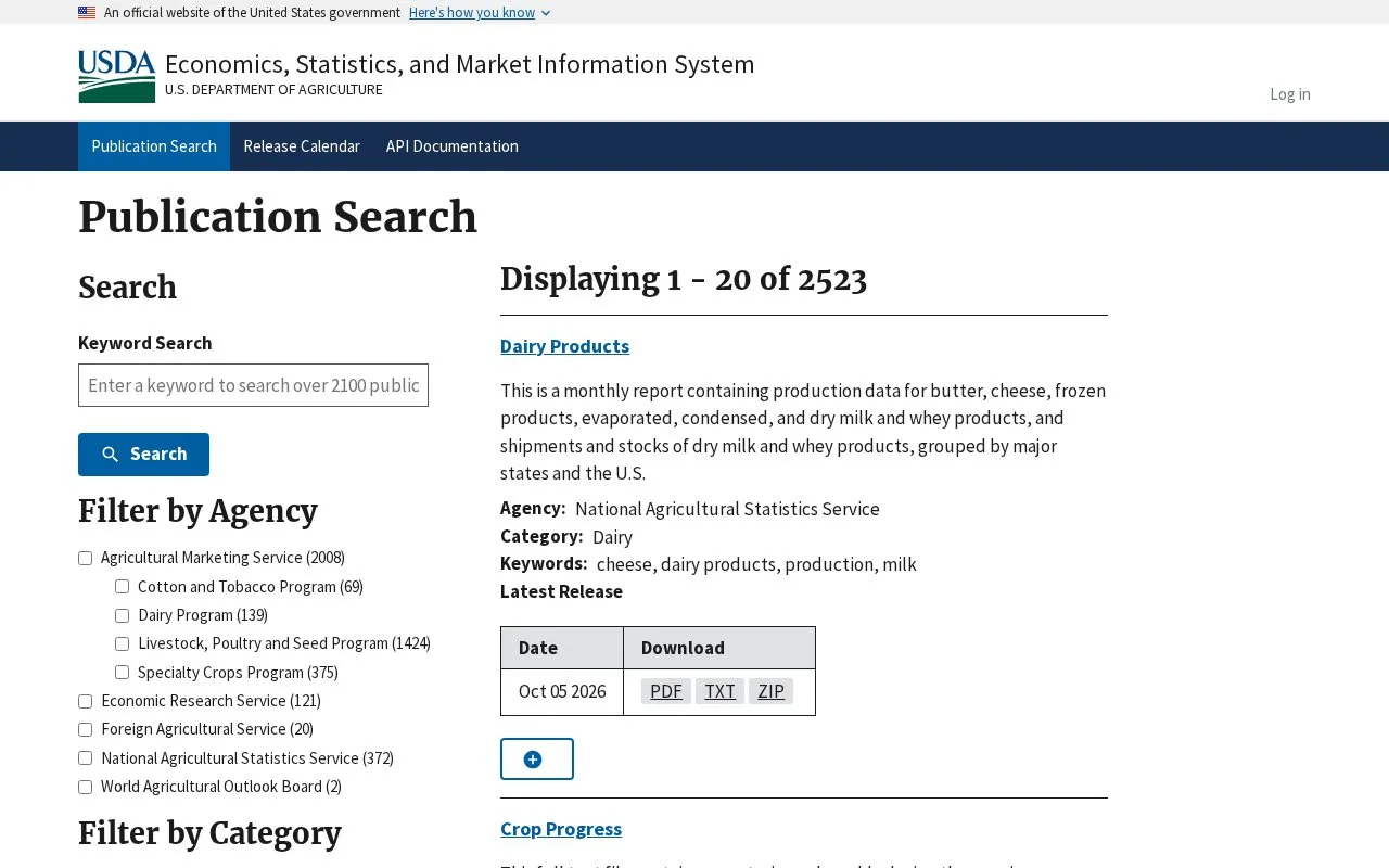 USDA Economics, Statistics and Market Information System homepage screenshot