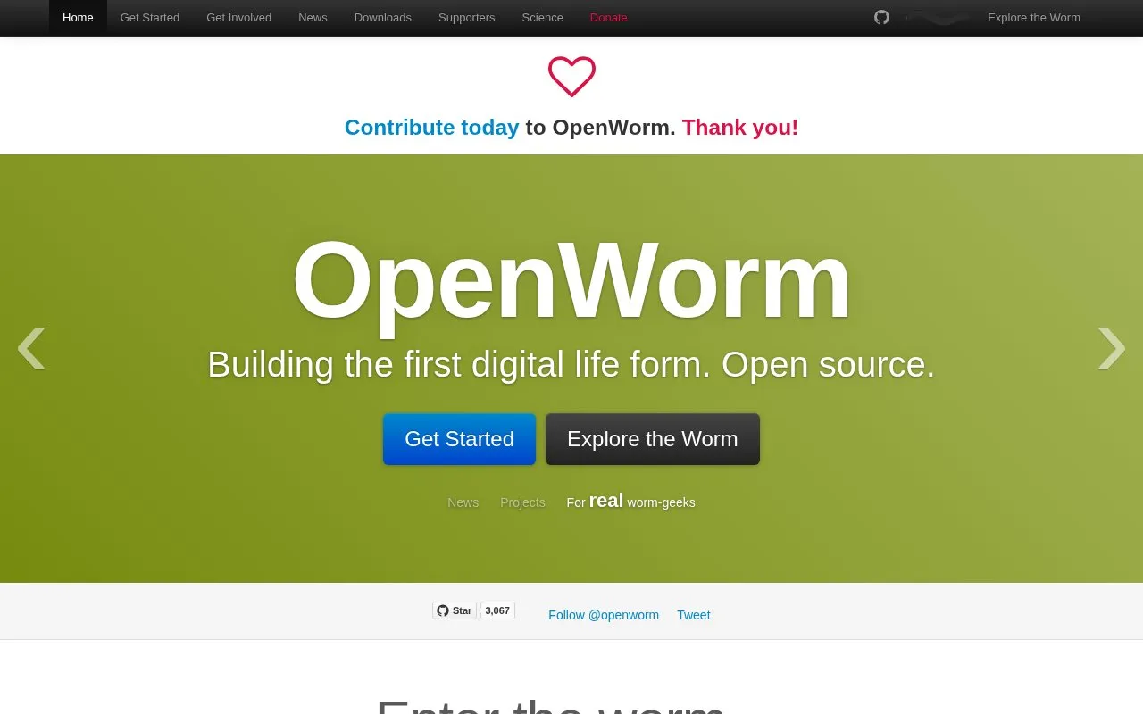 OpenWorm homepage screenshot