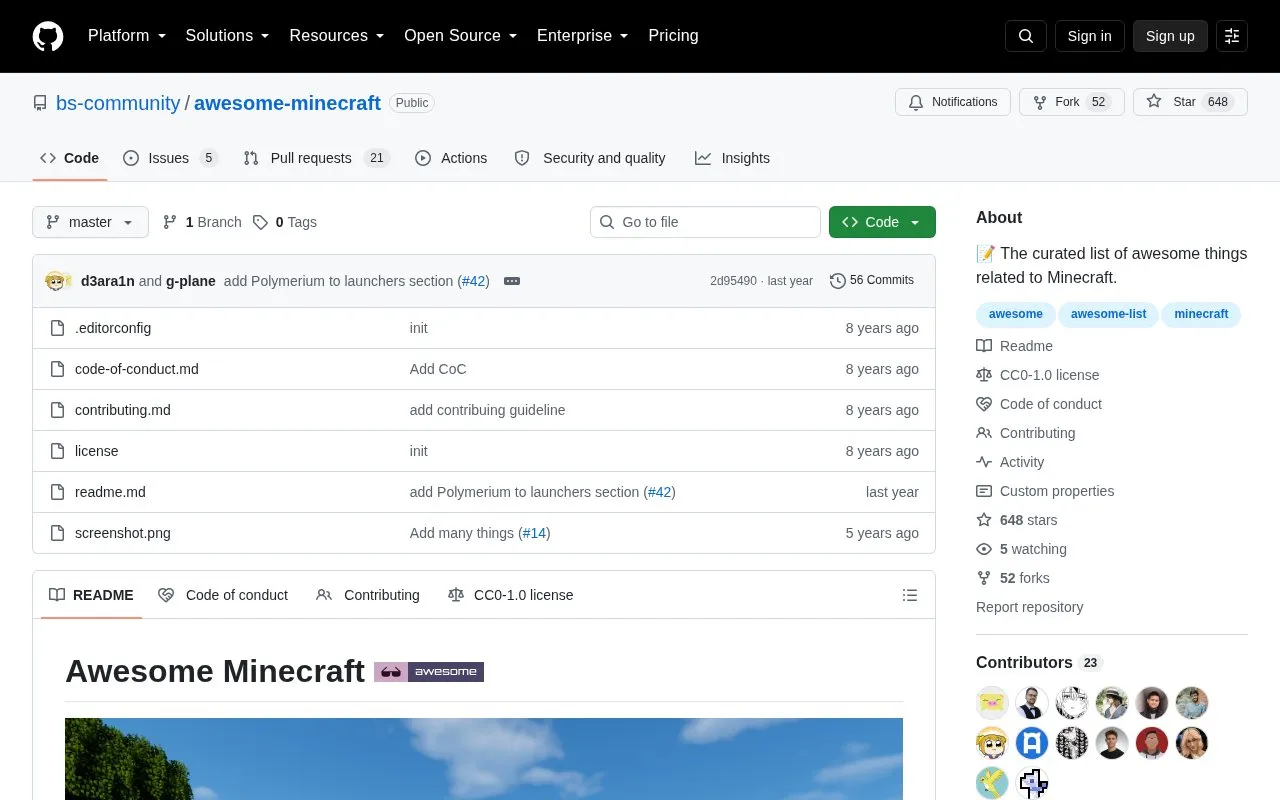 Awesome Minecraft homepage screenshot