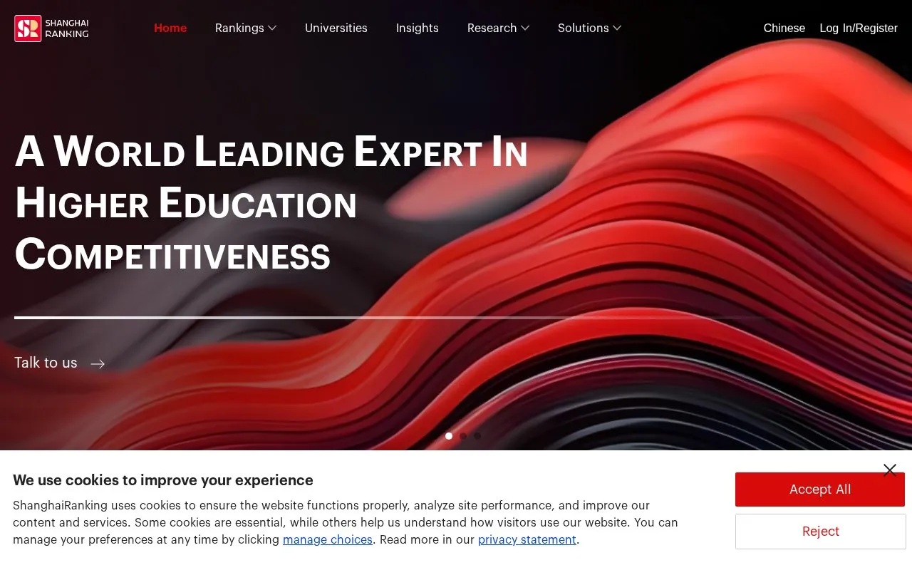 Shanghai Academic Ranking of World Universities homepage screenshot