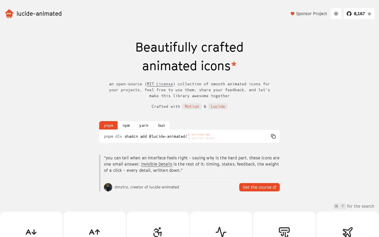 lucide-animated homepage screenshot