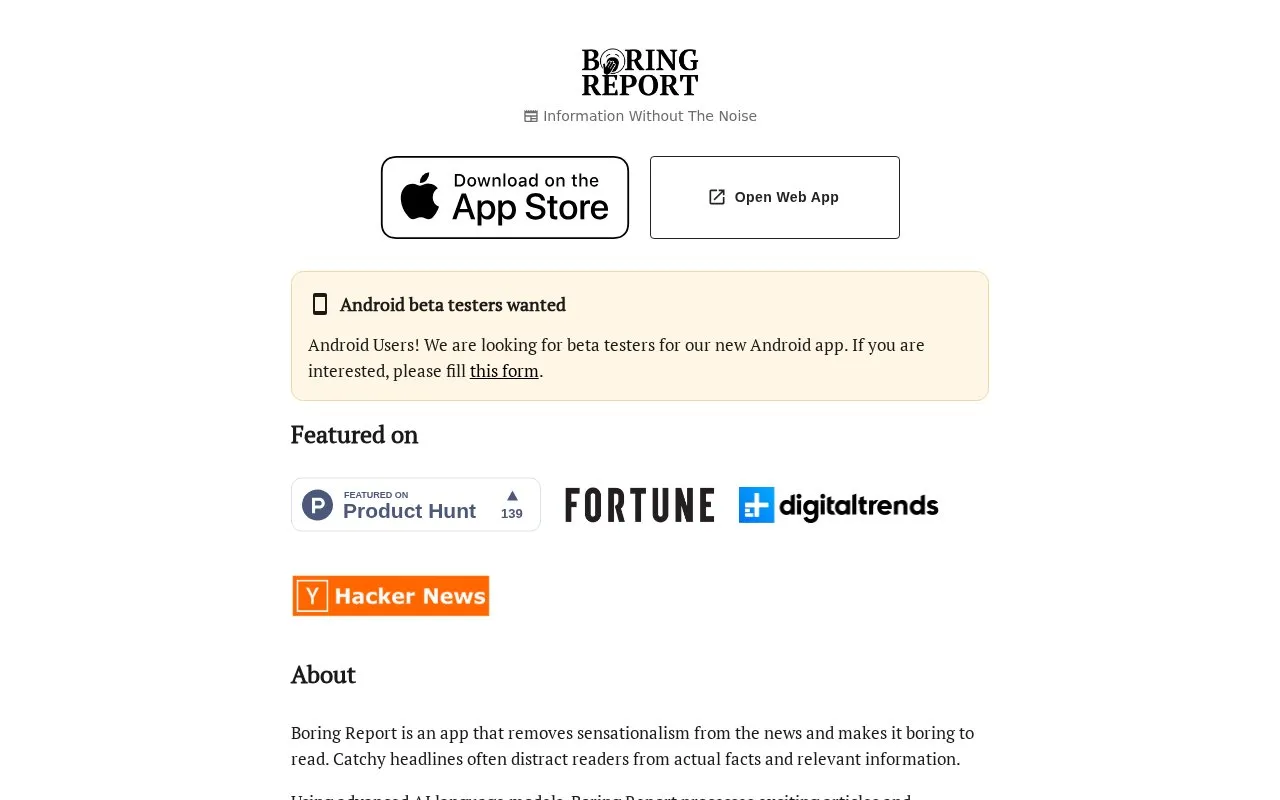 Boring Report homepage screenshot
