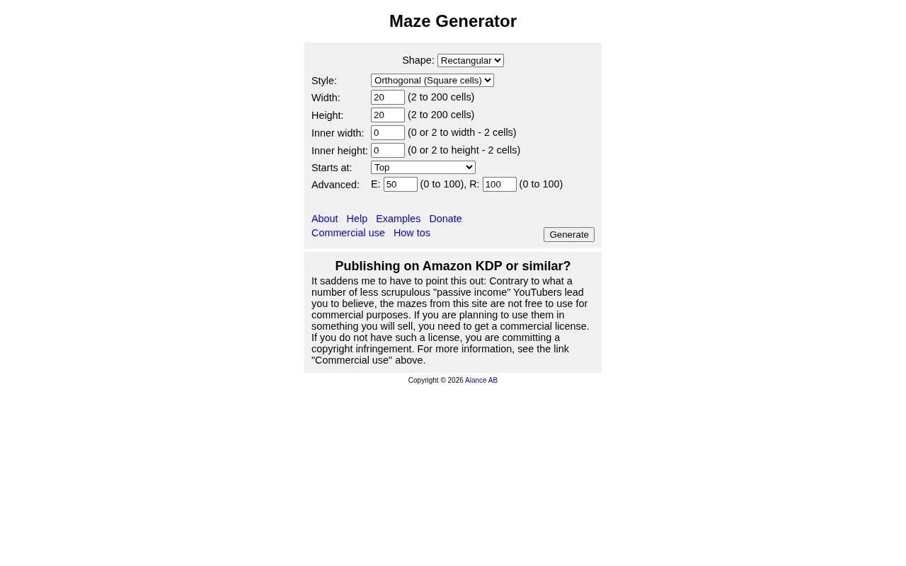 MazeGenerator homepage screenshot