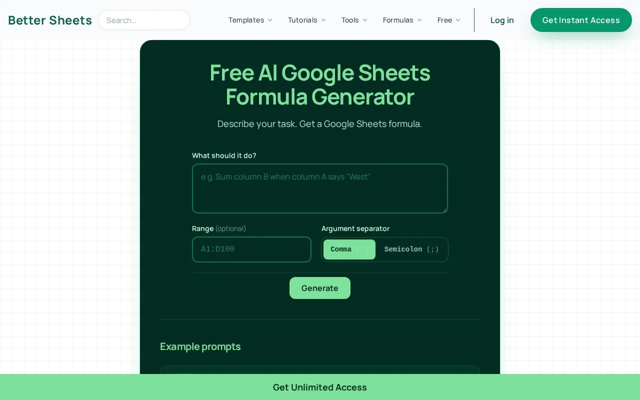 Google Sheets Formula Generator homepage screenshot