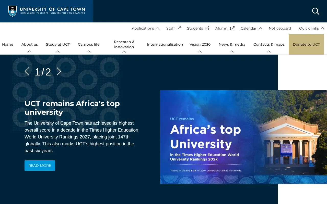 University of Cape Town homepage screenshot