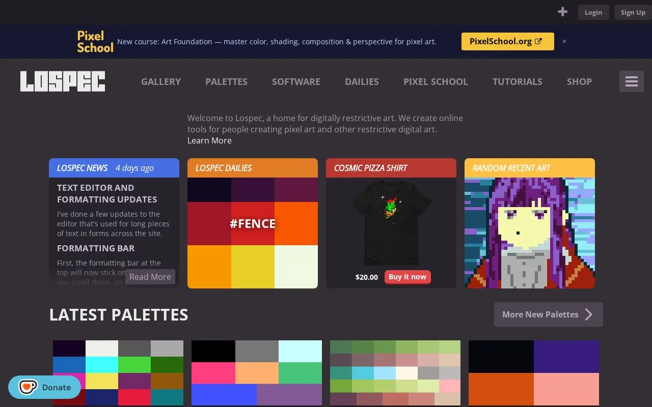 Lospec homepage screenshot