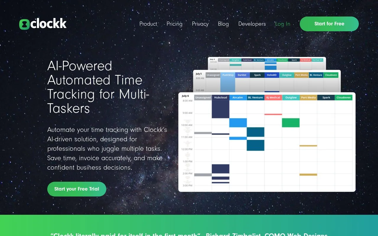 Clockk homepage screenshot