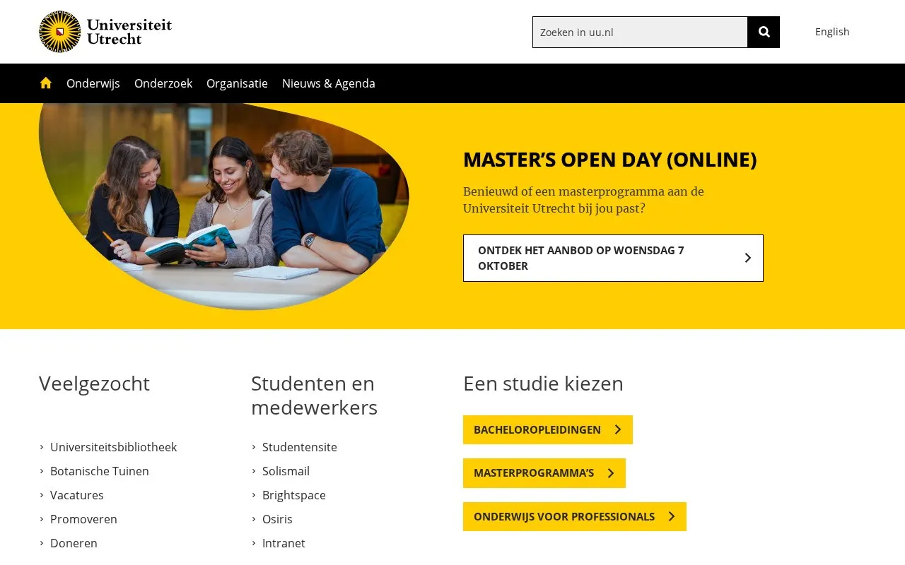 Utrecht University homepage screenshot