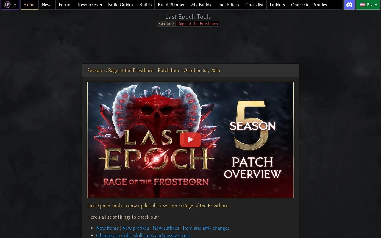 Last Epoch Tools homepage screenshot