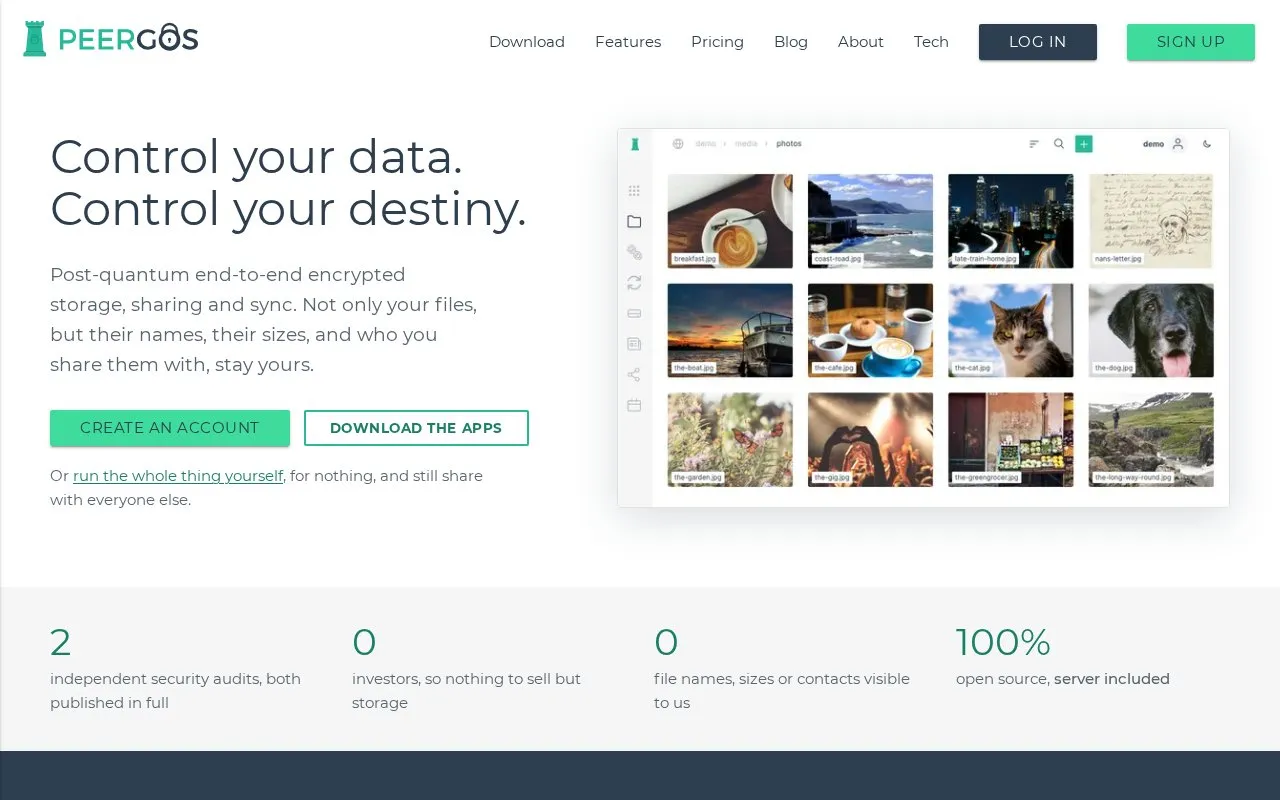 Peergos homepage screenshot