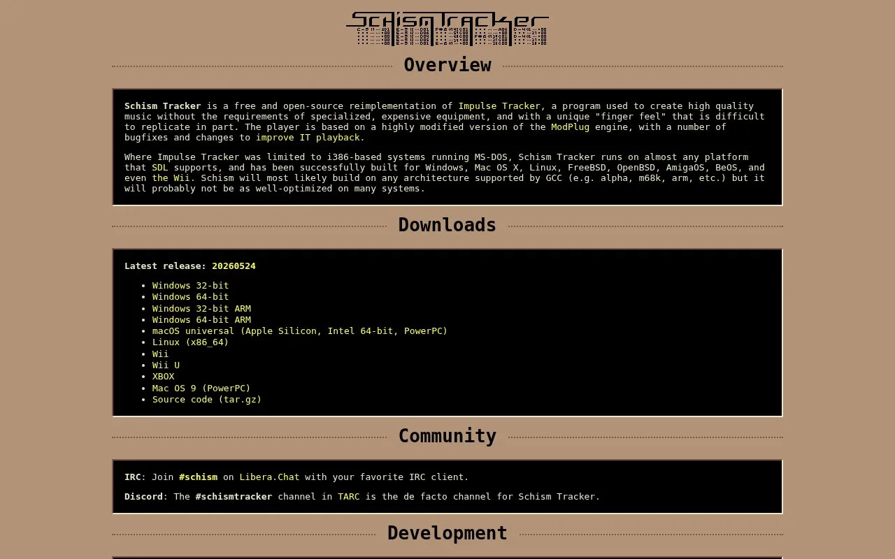 Schism Tracker homepage screenshot