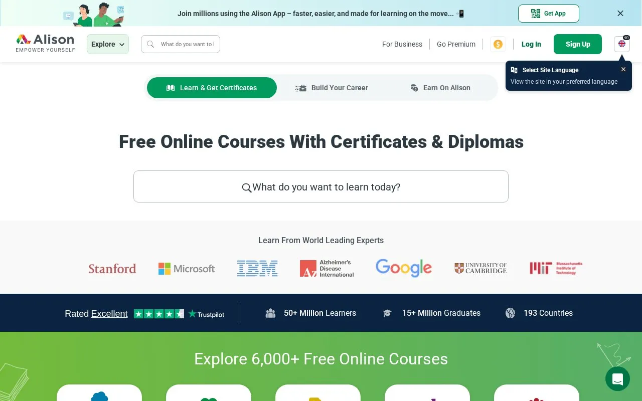 Alison homepage screenshot