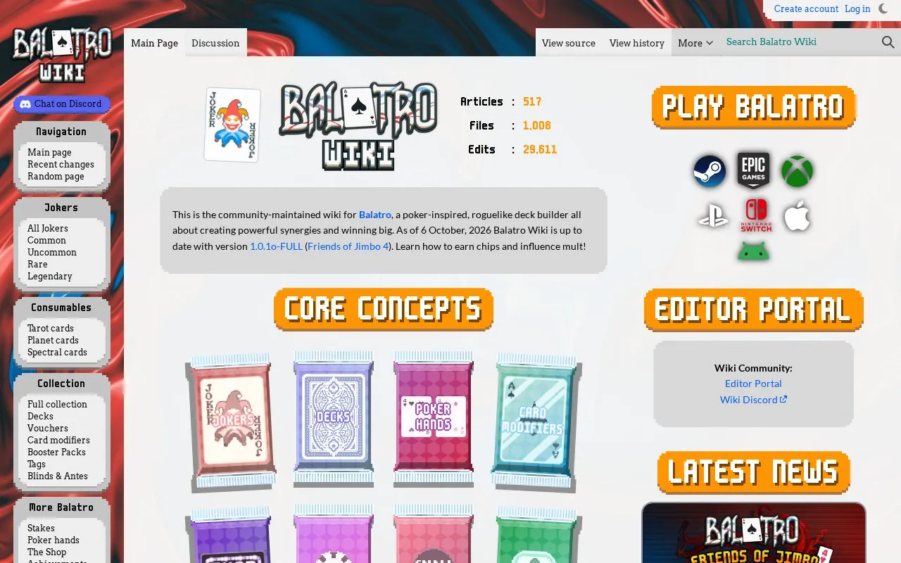 Balatro Wiki homepage screenshot