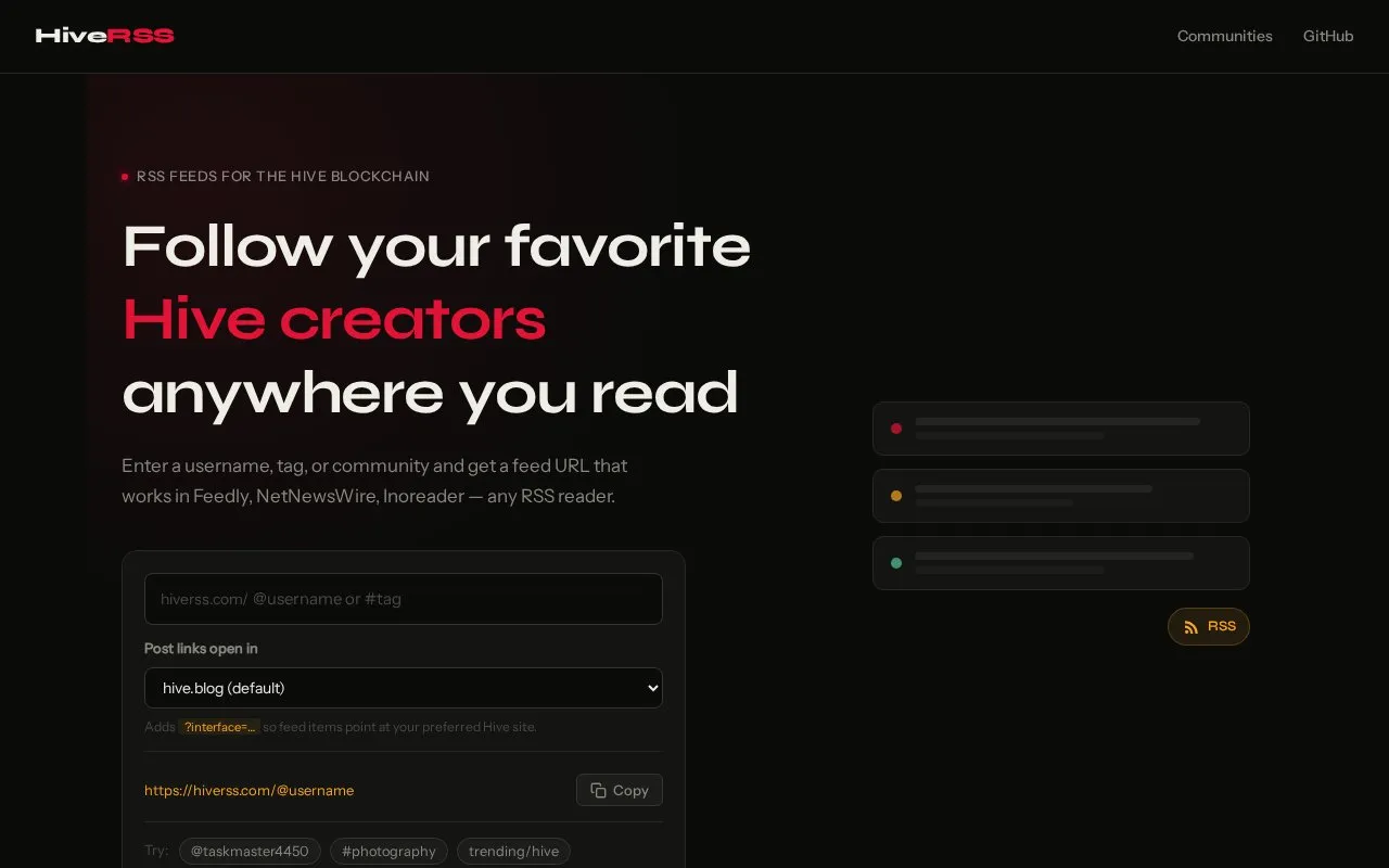HiveRSS homepage screenshot