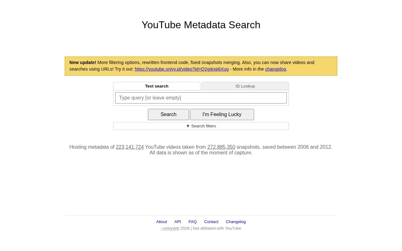 YouTube Metadata Search homepage screenshot