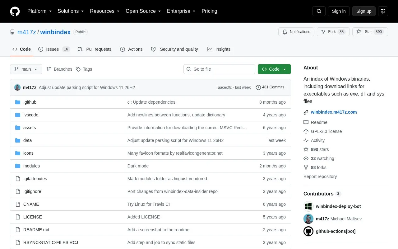 Winbindex homepage screenshot