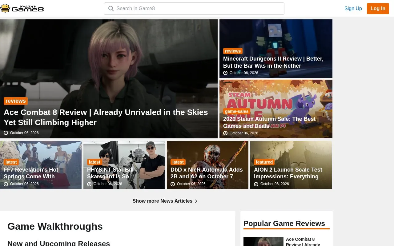 Game8 homepage screenshot