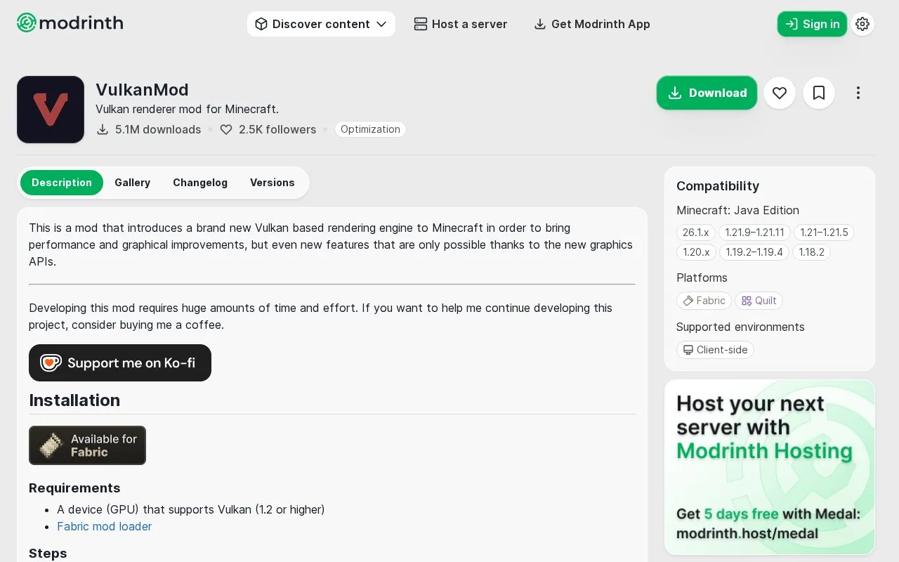 VulkanMod homepage screenshot