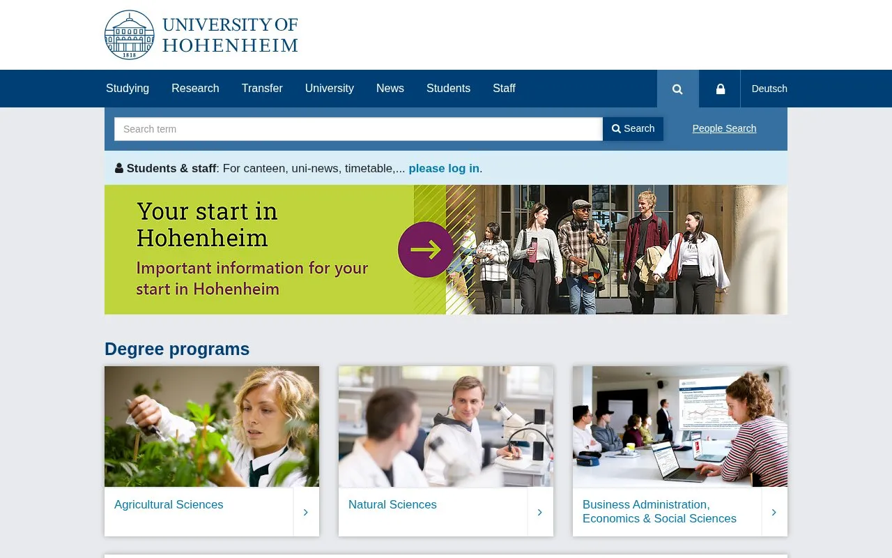 Universitat Hohenheim homepage screenshot