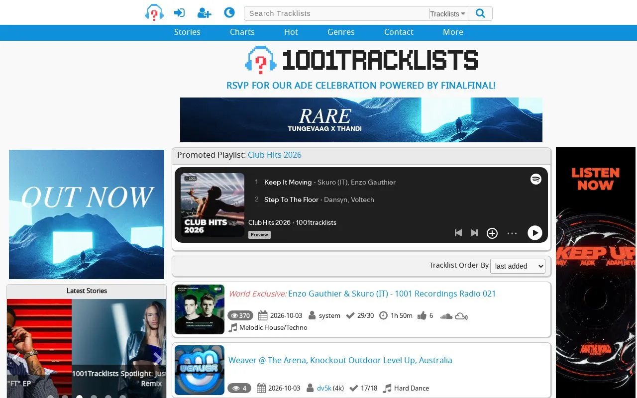1001Tracklists homepage screenshot