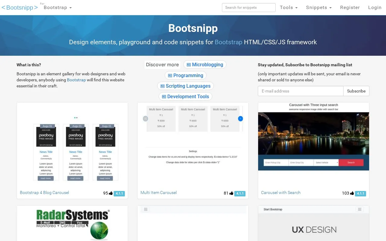 Snippets homepage screenshot