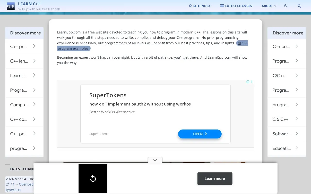 Learn C++ homepage screenshot