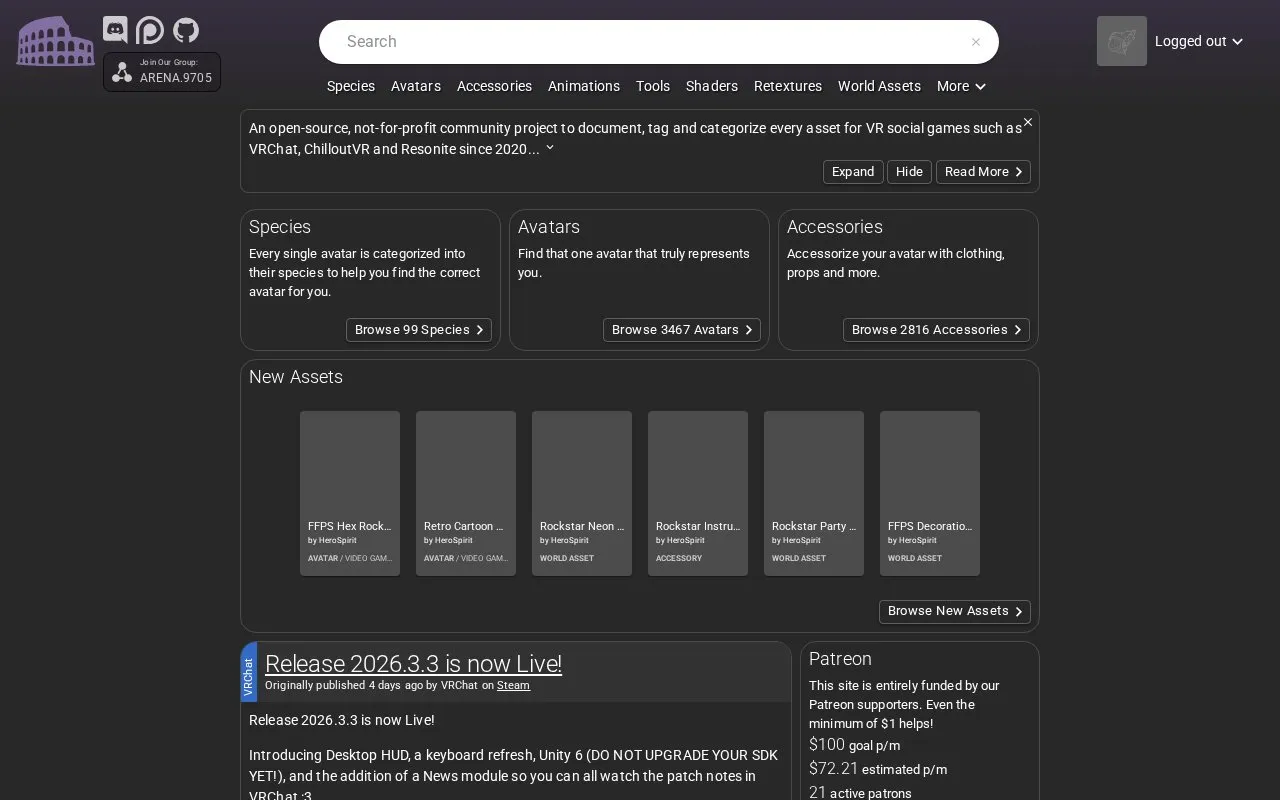 VRCArena homepage screenshot