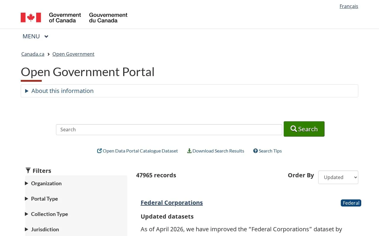 Open Government Canada - Open Data homepage screenshot