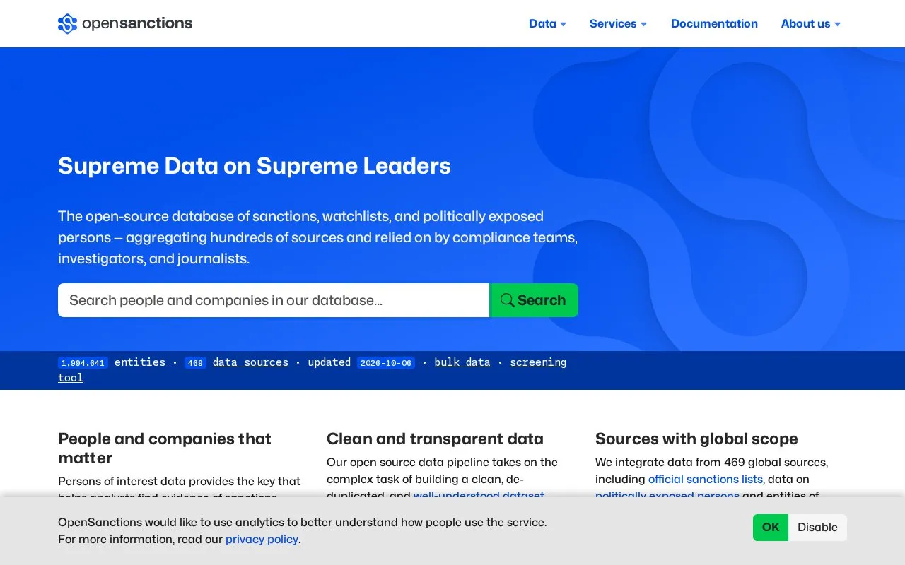 OpenSanctions: homepage screenshot