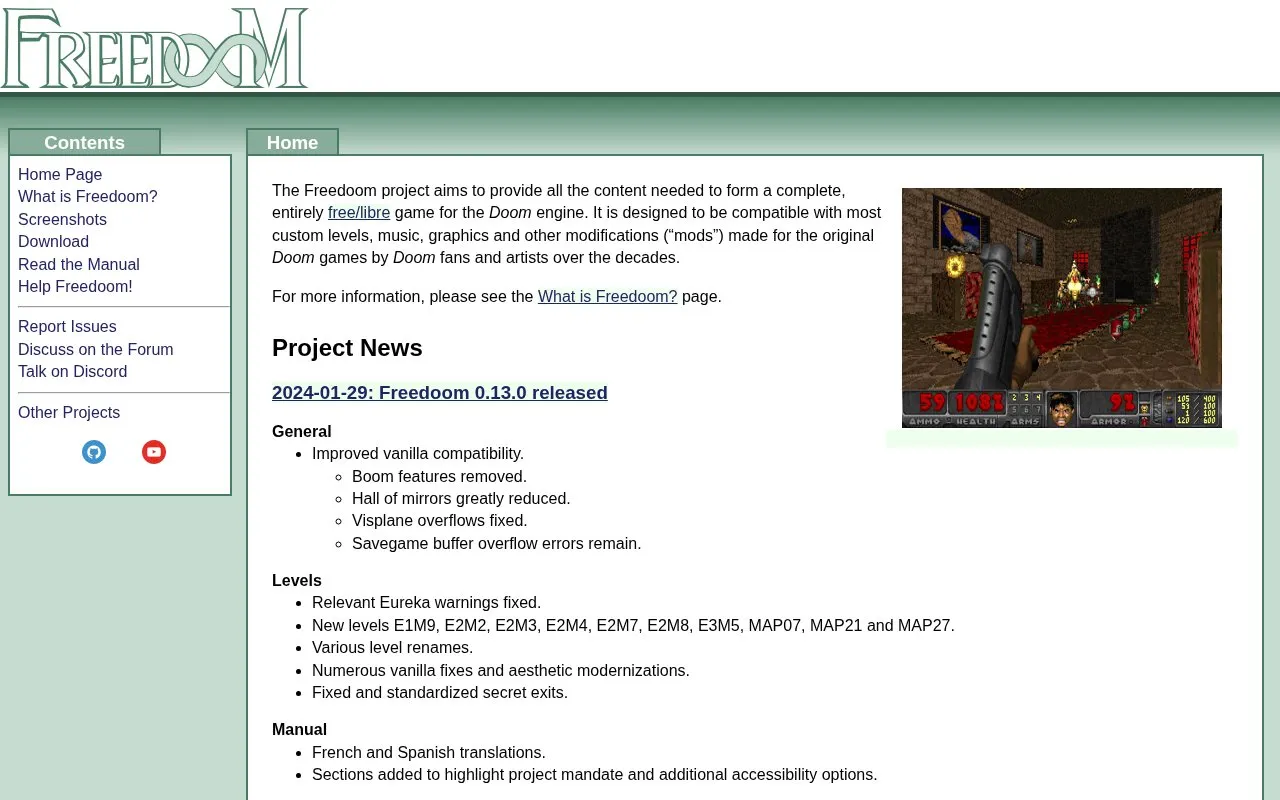 Freedoom homepage screenshot