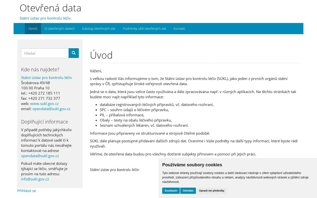 open data portal of SÚKL homepage screenshot