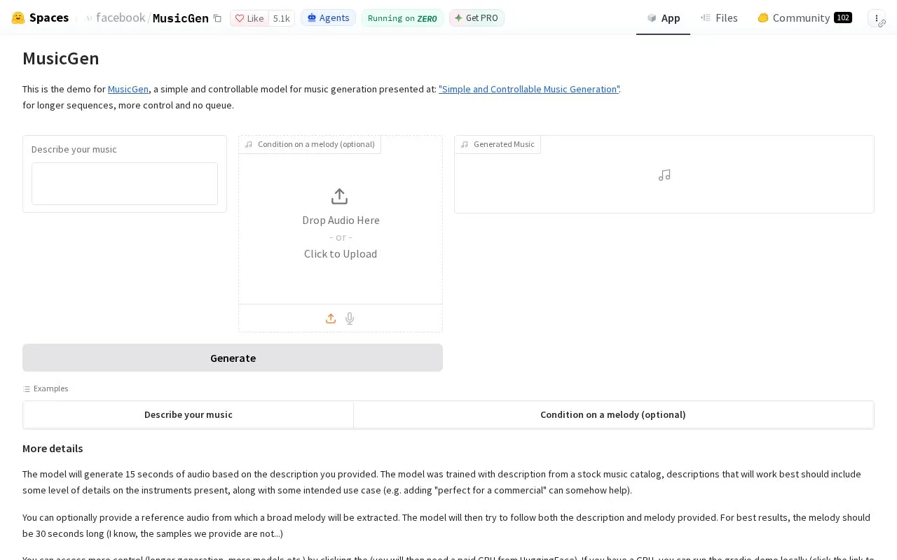MusicGen homepage screenshot
