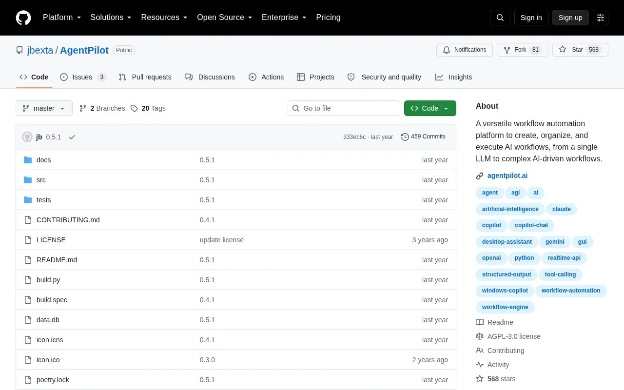 AgentPilot homepage screenshot