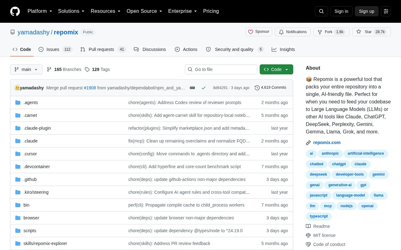 Repomix homepage screenshot