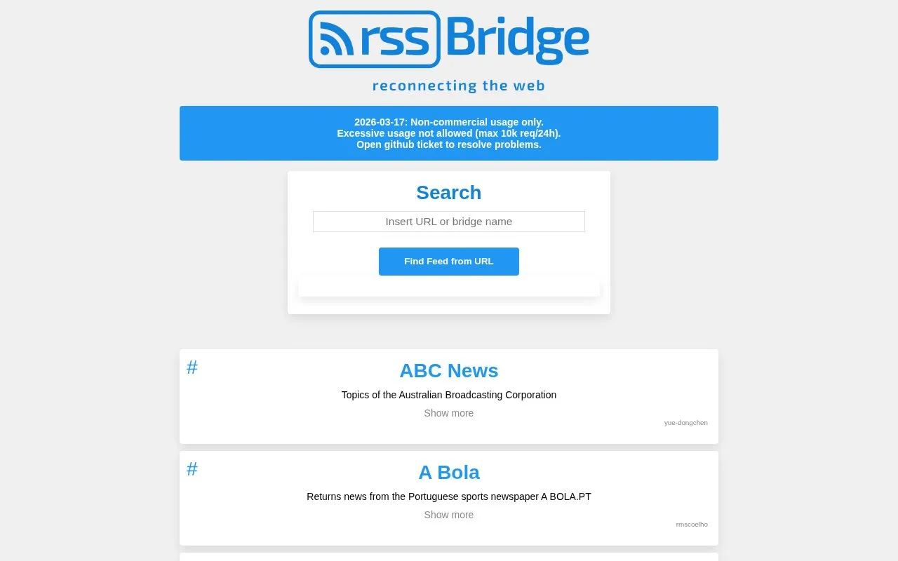 RSS Bridge homepage screenshot