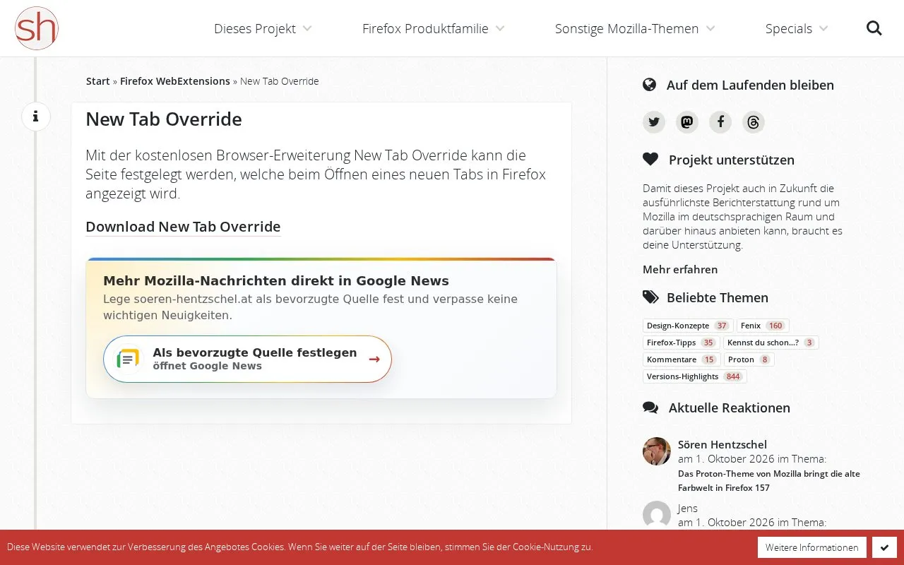 New Tab Override homepage screenshot