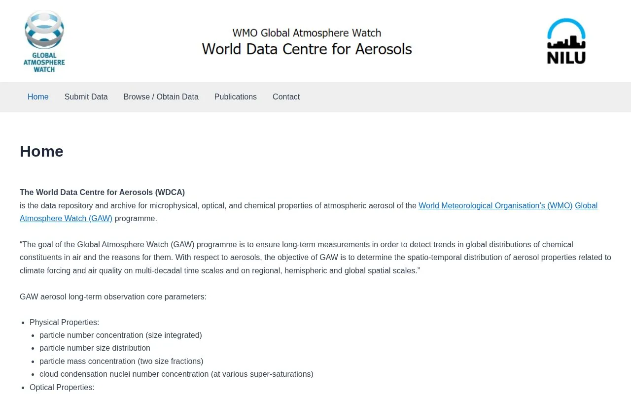 World Data Center for Aerosols homepage screenshot